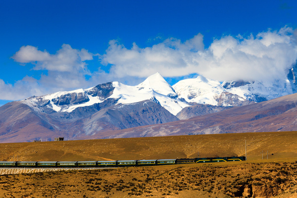 Tibet train and snow-capped mountains HD picture