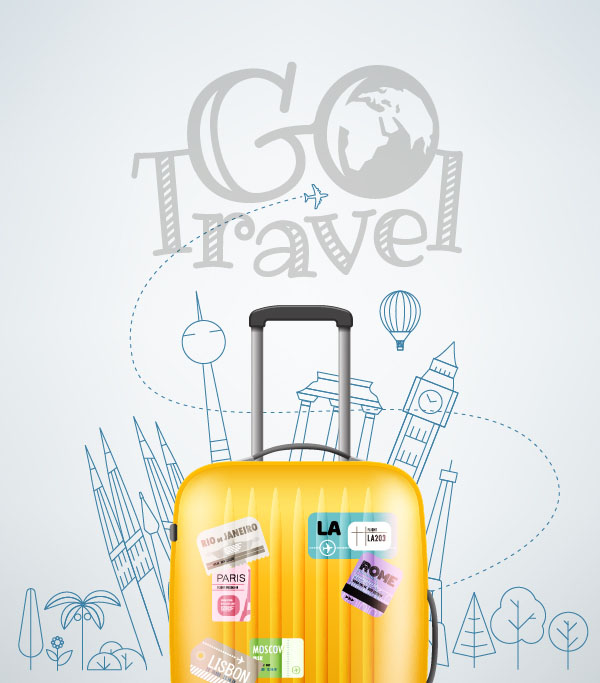 Travel hand drawn background with suitcases vector