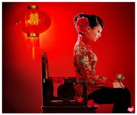 Wearing a red festive costume girl Stock Photo