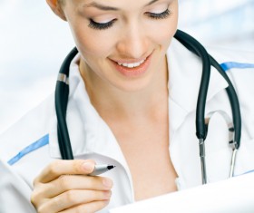 Write the case of the female doctor Stock Photo