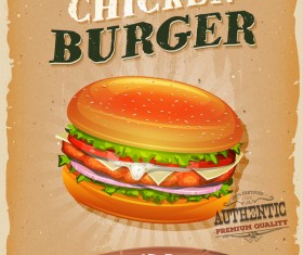 chicken burger snack poster and barbecue retro vector