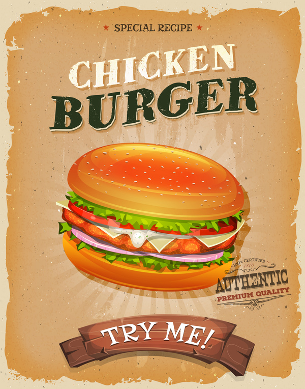 chicken burger snack poster and barbecue retro vector
