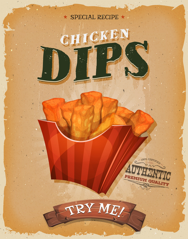 chicken dips snack poster and barbecue retro vector