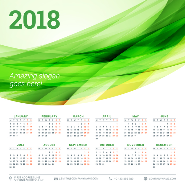 2018 calendar with green abstract background vector 04