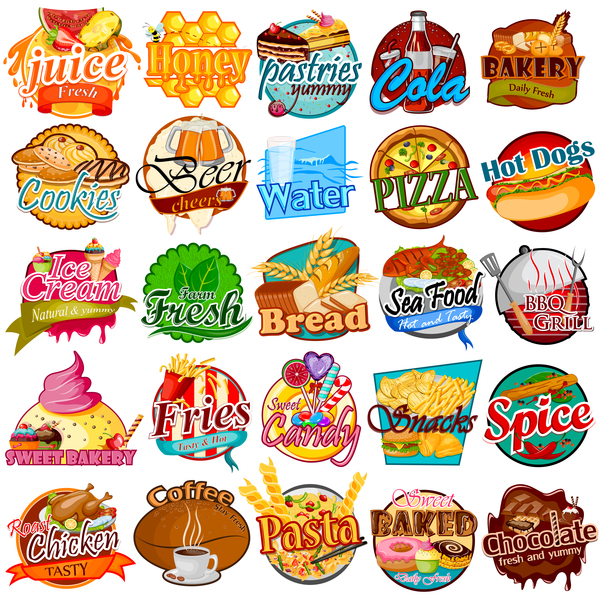 25 food labels vector set