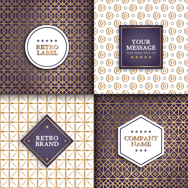 4 Retro labels with seamless pattern vector