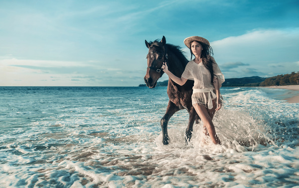 Beach woman walking horse HD picture