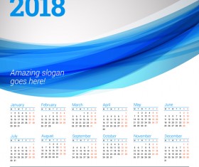 Blue wavy background with 2018 calendar vector