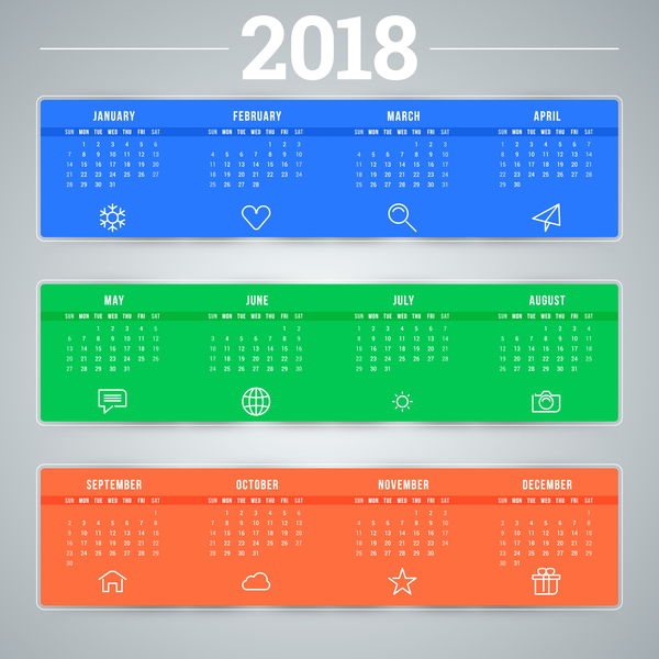 Blue with green and red 2018 calendar template vectors material