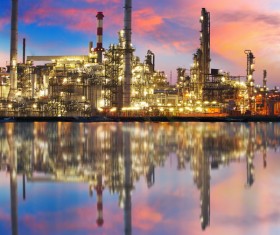 Brightly lit oil refinery Stock Photo