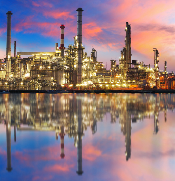 Brightly lit oil refinery Stock Photo