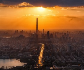 City at dusk Stock Photo