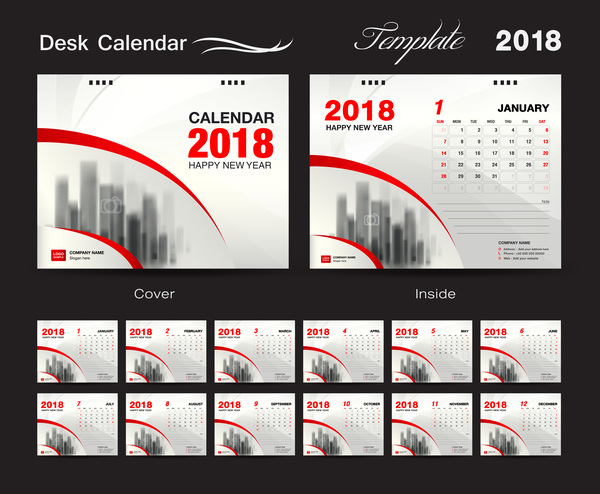 Desk Calendar 2018 template with red cover vector 02