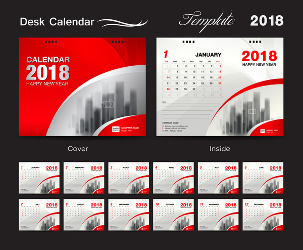 Desk Calendar 2018 template with red cover vector 03