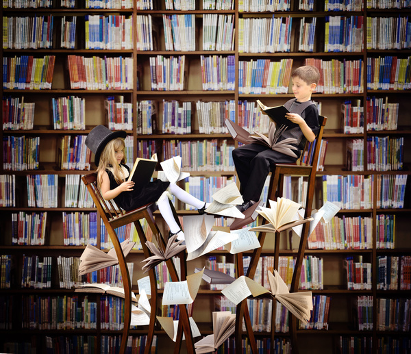 Fantastic library reading the child Stock Photo