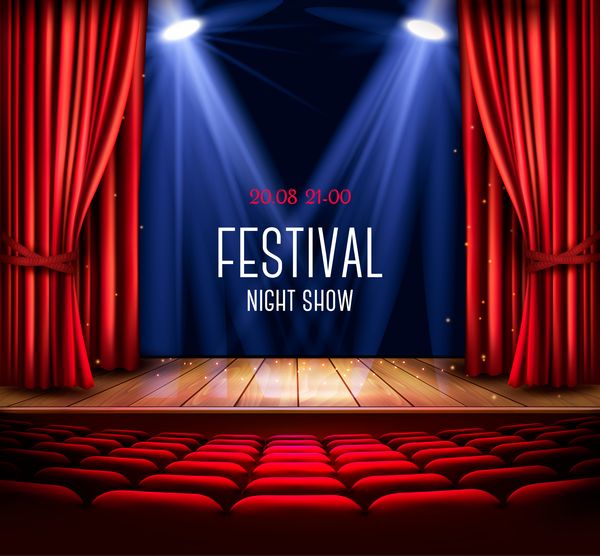 Festival background with red curtain and light vector 01