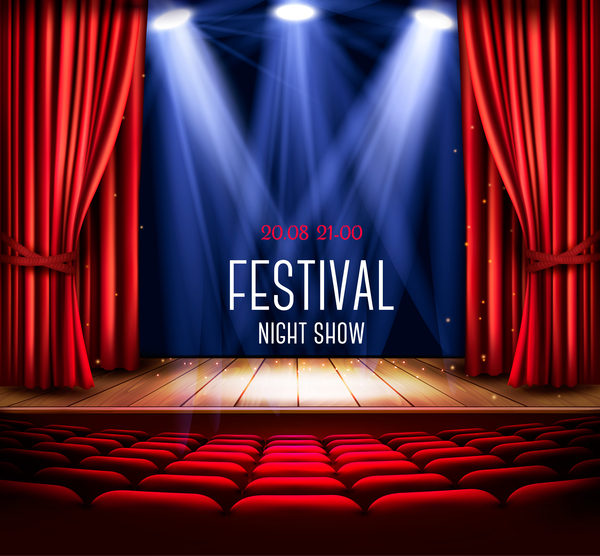 Festival background with red curtain and light vector 02