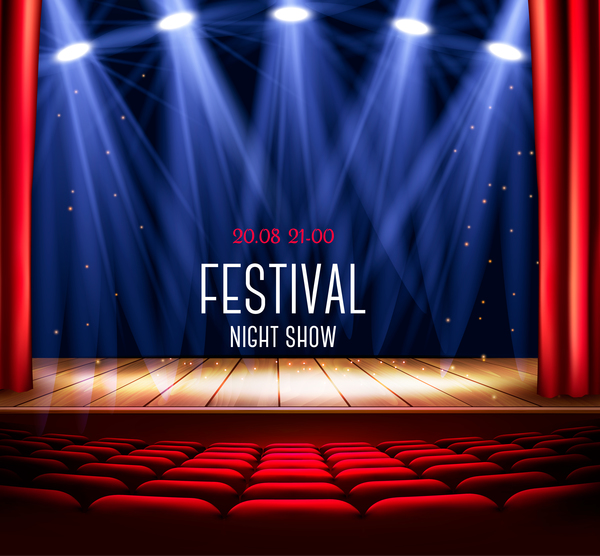 Festival background with red curtain and light vector 03
