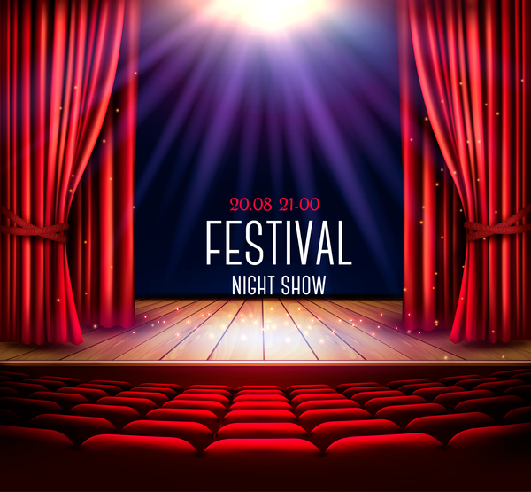 Festival background with red curtain and light vector 04