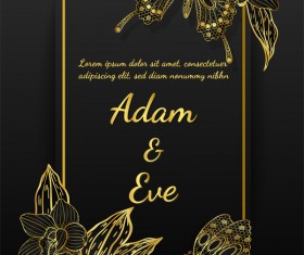 Golden butterflies and orchids Invitation card template vector 02