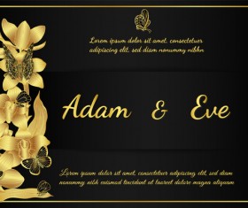 Golden butterflies and orchids Invitation card template vector 03