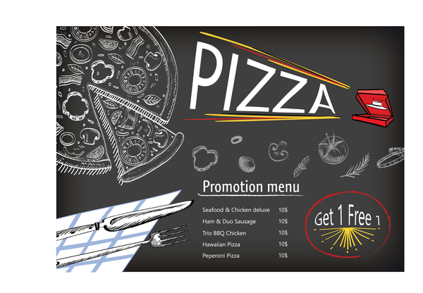 Hand drawn pizza menu with chalkboard vector