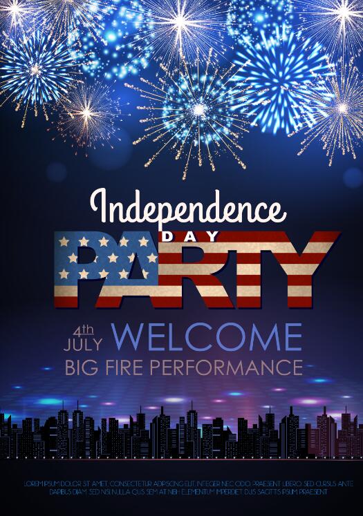 Independence Day party poster with fireworks vector 07