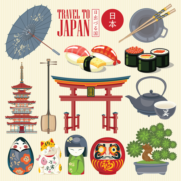 Japanese travel sights with traditions cultural vector 03