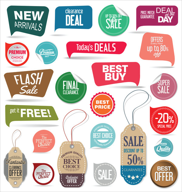 Modern badges with tags and sticher colorful vector
