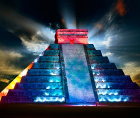 Modern lighting technology decorated Mayan pyramid Stock Photo