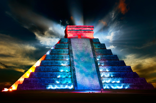 Modern lighting technology decorated Mayan pyramid Stock Photo