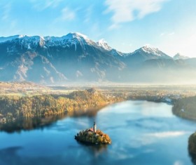Morning misty mountains and lakes Stock Photo