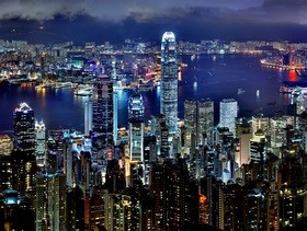 Night view of Victoria Harbor Stock Photo