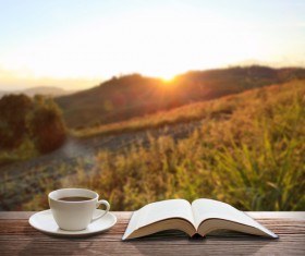 Open book and coffee Stock Photo