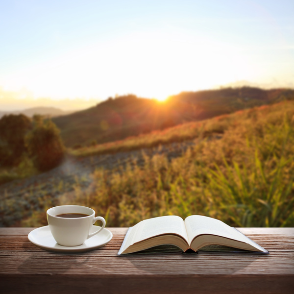 Open book and coffee Stock Photo