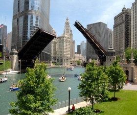 Open river bridge and high-rise buildings Stock Photo