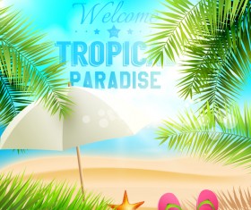 Palm leaves with summer beach background vector 01
