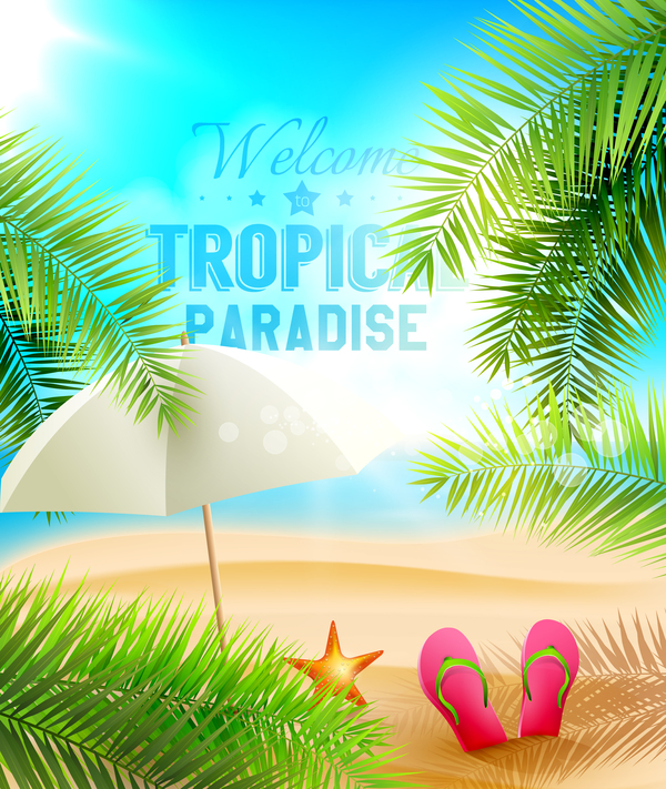 Palm leaves with summer beach background vector 01