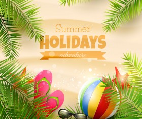 Palm leaves with summer beach background vector 02