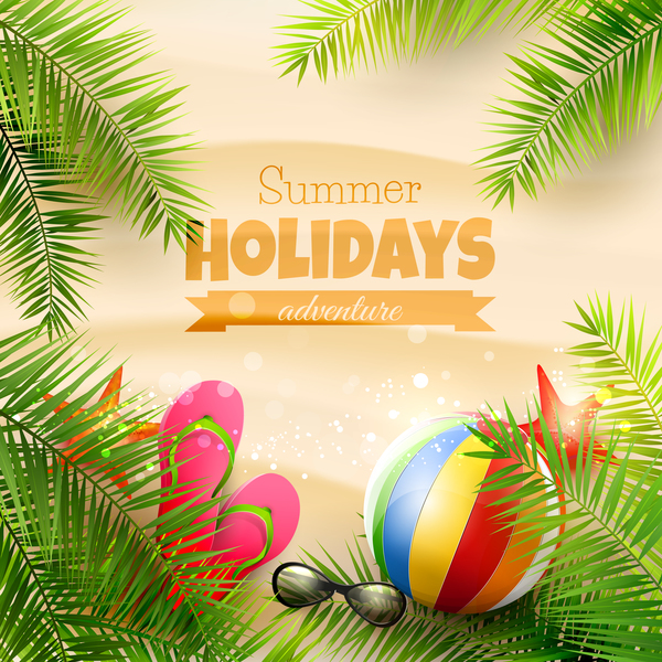 Palm leaves with summer beach background vector 02