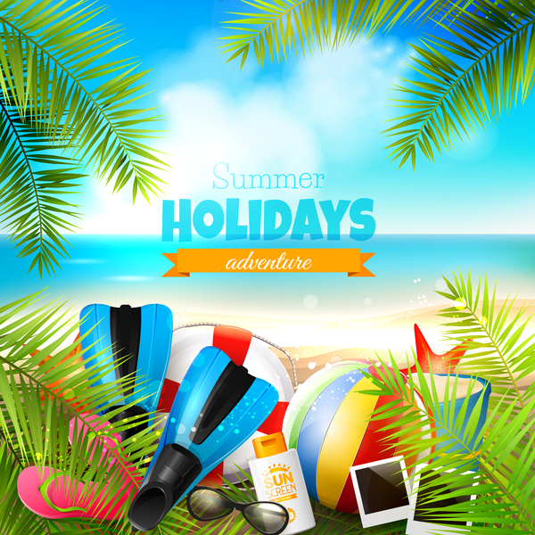 Palm leaves with summer beach background vector 04