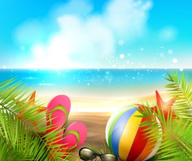 Palm leaves with summer beach background vector 05
