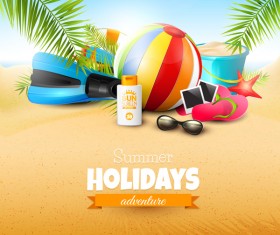 Palm leaves with summer beach background vector 06