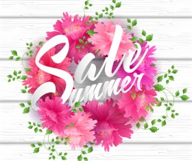 Pink flower frame with summer wood background vector