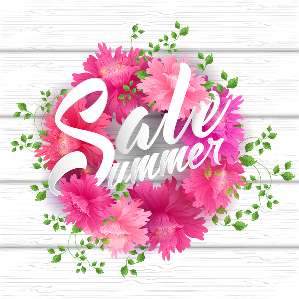 Pink flower frame with summer wood background vector