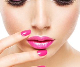 Pink nails pink lipstick and eye shadow girl Stock Photo 02