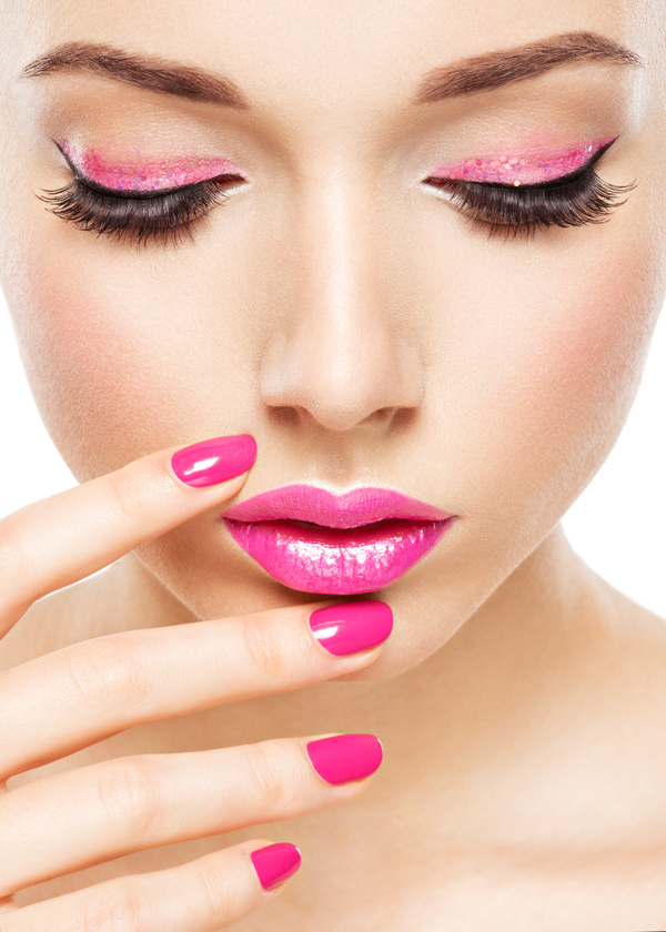 Pink nails pink lipstick and eye shadow girl Stock Photo 02