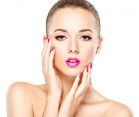 Pink nails pink lipstick and eye shadow girl Stock Photo 03