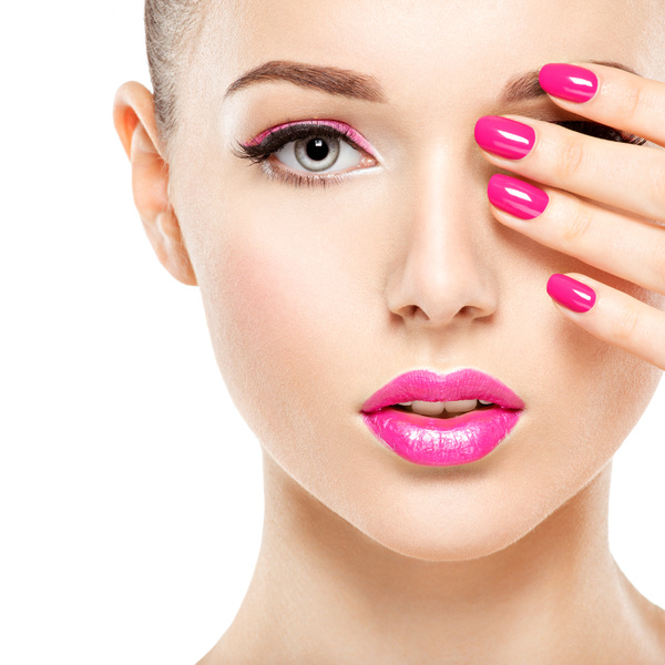 Pink nails pink lipstick and eye shadow girl Stock Photo 07