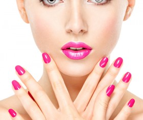 Pink nails pink lipstick and eye shadow girl Stock Photo 09